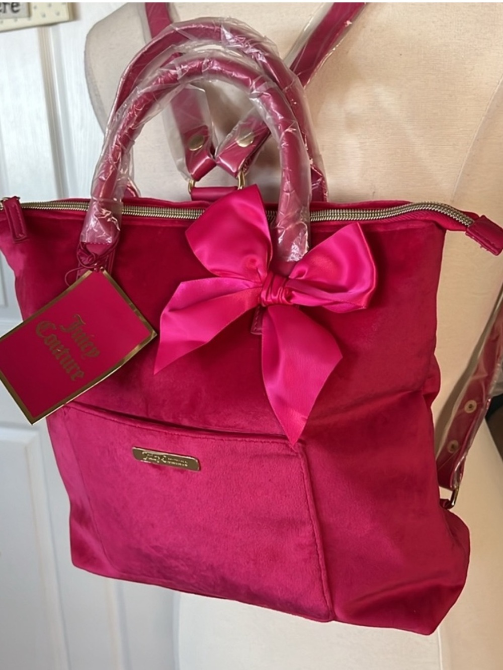 NWT Juicy Couture Hot Pink Velvet Tote Backpack with Bow